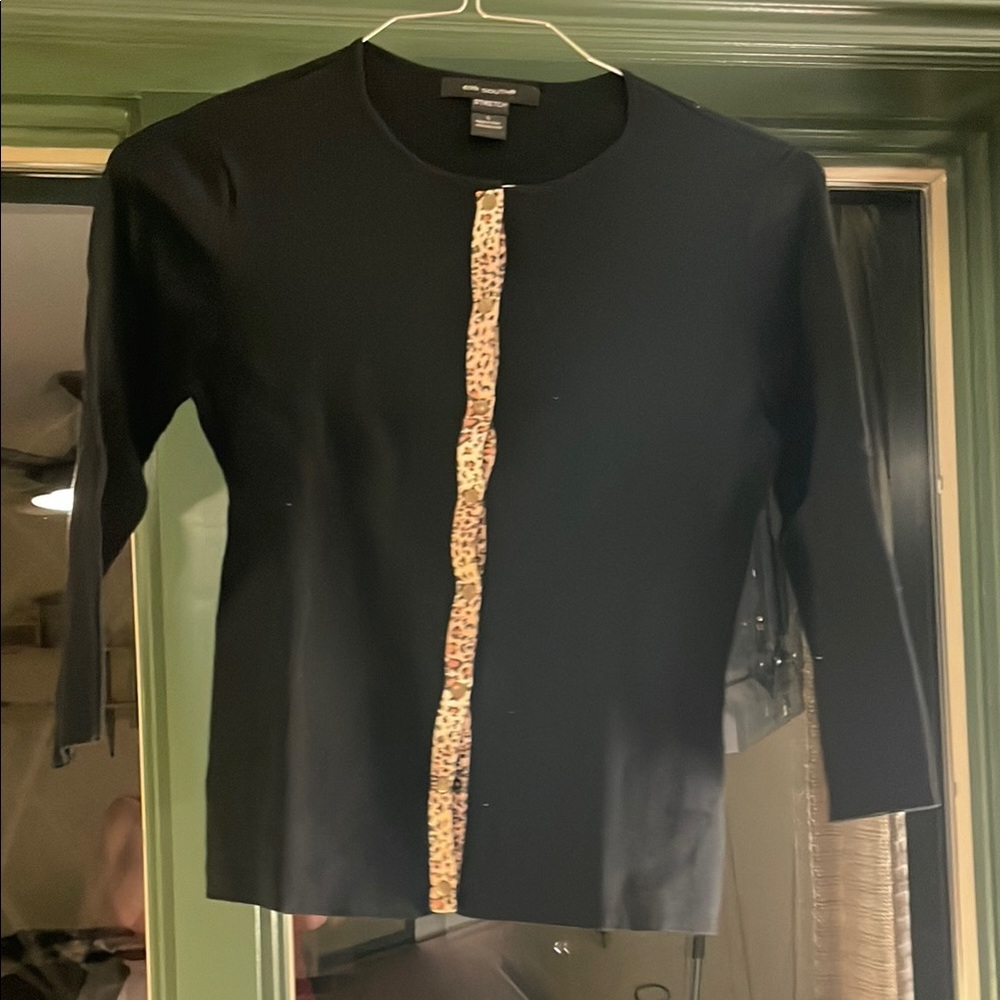 Black Cardigan with Leopard Trim